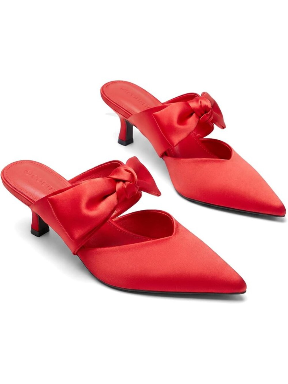 Women's Red Satin Kitten Heel Mules Bow Pointed Toe Bridal Wedding Shoes